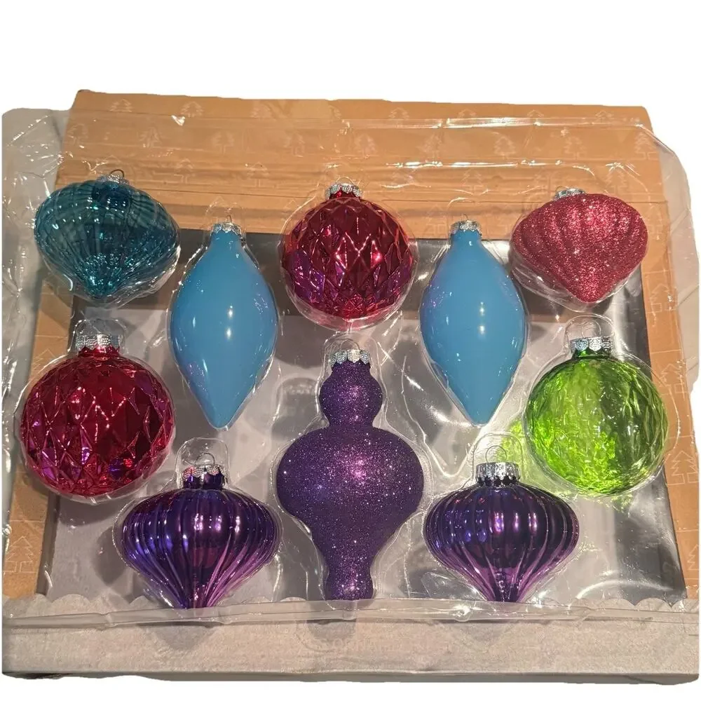 NEW 2014 Target Wondershop 10 Glass Ornaments Royal Purple Pink Glitter Teardrop